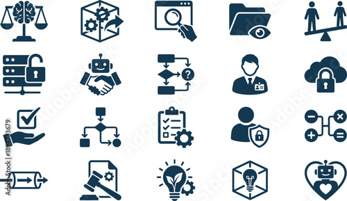 Comprehensive vector icon set covering key aspects of business, technology, data management, and artificial intelligence solutions