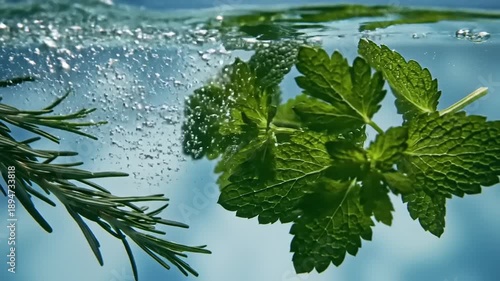 Fresh green herb leaves floating underwater with bubbles