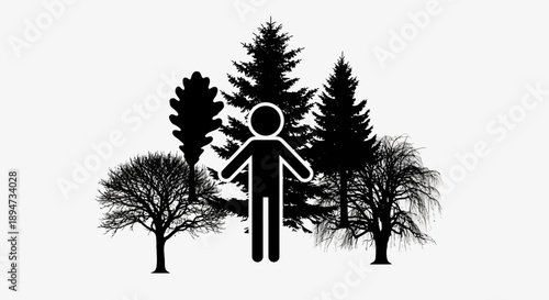 Human figure standing among various trees in silhouette.
