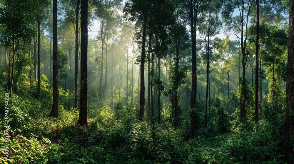 Fototapeta premium Panoramic Tropical Forest Landscape for Environmental Conservation and Eco Tourism Background