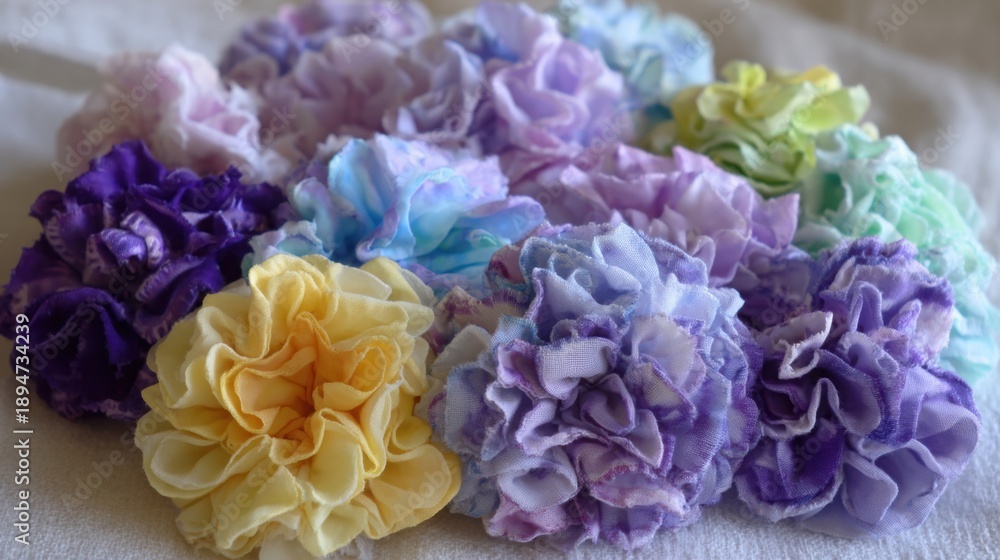 Obraz premium Handmade Fabric Flowers in Various Pastel Hues From Reclaimed Cotton Scraps