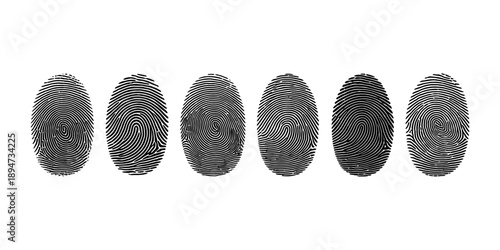 Six black fingerprints side by side on a white background representing unique identity isolated on white background, Vector, illustration