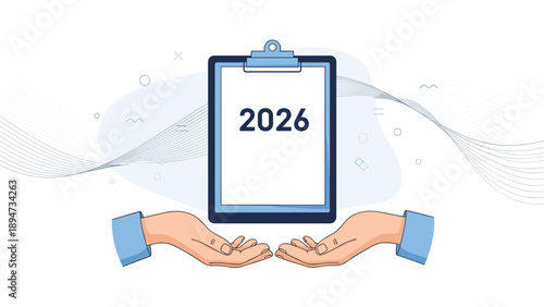 A conceptual illustration with two hands gently holding or presenting a large clipboard with the year 2026, symbolizing plans and care for the future.