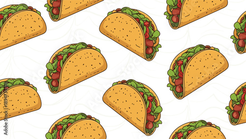 A delicious seamless pattern of cartoon Mexican tacos with meat and lettuce, scattered on a white background with a subtle swirl texture.