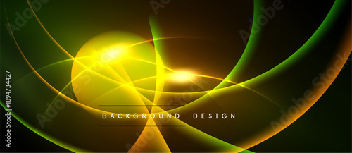 Bright abstract design features glowing curves, lines, yellow light burst. Dark background enhances vibrant color contrast, modern aesthetic.