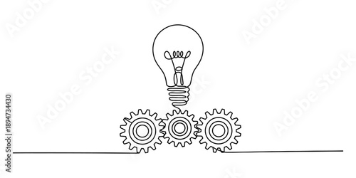 A single continuous line drawing of three gears leading up to a lightbulb, symbolizing idea generation and process isolated on white background, Vector, illustration