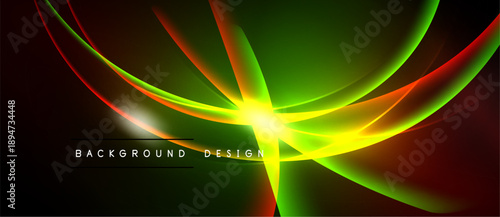 Dynamic abstract design features vibrant light streaks. Colors blend, creating energetic visual impact. Black background emphasizes luminosity.