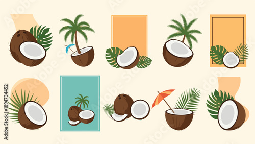 A beautiful collection of summer-themed compositions featuring coconuts, palm trees, and tropical leaves, perfect for social media stories or posts.