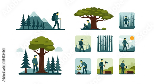 Illustrations of people hiking and planting trees in nature.