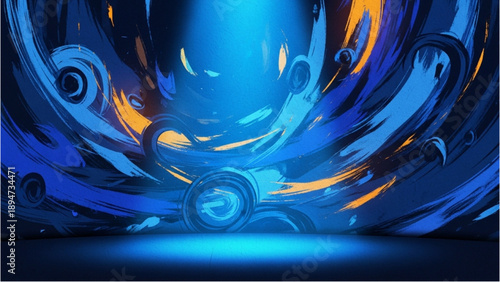 Vibrant abstract swirling patterns illuminated by bright blue light in a futuristic digital art environment from a frontal viewpoint