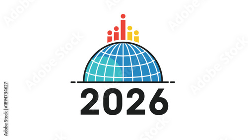 Colorful vector logo or icon design featuring a globe with a rising bar chart and the year 2026 for global business reports and forecasts.