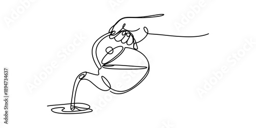 A minimalist one-line illustration depicting a hand pouring liquid from a classic teapot Vector, illustration