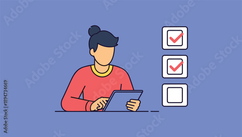 Modern flat design illustration of a person using a digital tablet to complete an online survey or to-do list with interactive checkboxes.