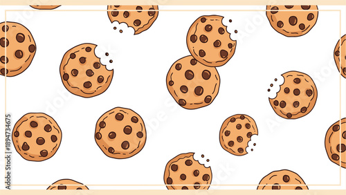 A cute and delicious seamless pattern background of cartoon-style chocolate chip cookies, some whole and some with a bite taken out.