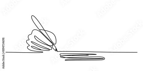 A continuous line drawing illustration of a hand holding a pen and writing on a surface Vector, illustration