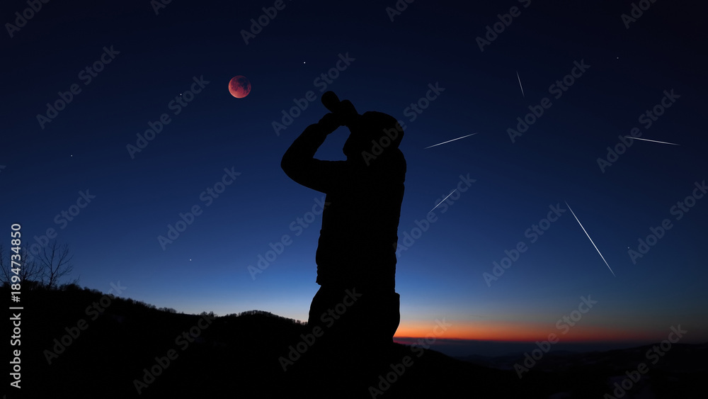 Fototapeta premium Amateur astronomer observing stars, planets, Moon eclipse and other celestial objects.