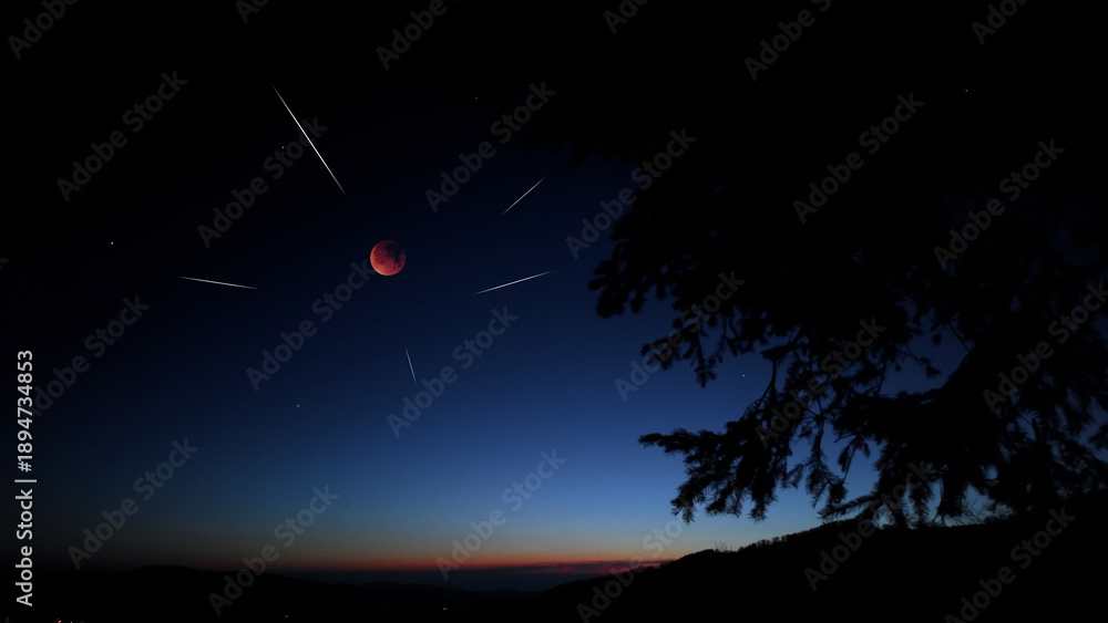Fototapeta premium Blue hour time with lunar eclipse, stars and planets above landscape silhouettes.