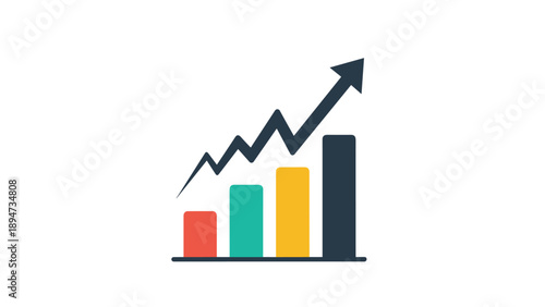 A simple and modern flat design vector icon of a colorful bar chart with a rising arrow, symbolizing business growth and success.