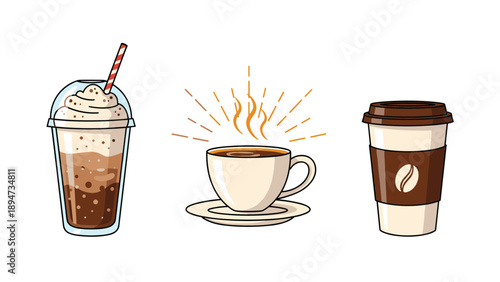 A set of three colorful cartoon vector illustrations of different coffee drinks, including iced, hot, and a paper cup to go for a cafe.