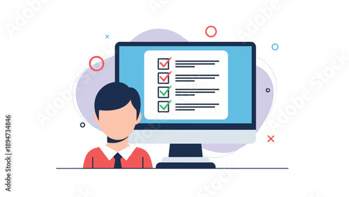 Modern flat vector illustration of a user avatar in front of a computer monitor displaying an online survey or digital to-do list.