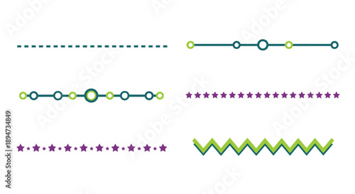 Set of six colorful graphic dividers including dashed lines dotted lines circle timelines star borders and a playful zigzag separator element