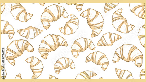 A lovely seamless pattern background featuring hand-drawn style croissants, perfect for a bakery or cafe themed design project or paper.