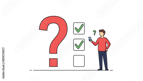 A cartoon illustration of a confused man looking at his smartphone next to a large question mark and an online survey checklist.