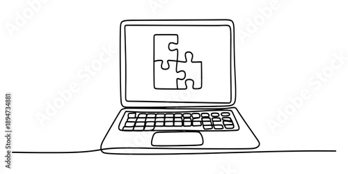 A single continuous line drawing illustrating a laptop with a jigsaw puzzle on its screen Vector, illustration