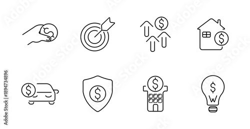 Finance set icon. Coin hand, target, growth chart, house, car, shield, building, bulb showing savings, investment, income, economy, financial goals.