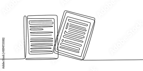A continuous single line drawing of two documents illustrating business paperwork Vector, illustration