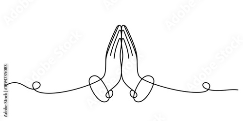 Minimalist continuous line art of hands in prayer position isolated on white background Vector, illustration
