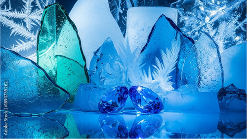 Frozen ice crystals and gemstones reflected on icy surface in blue environment