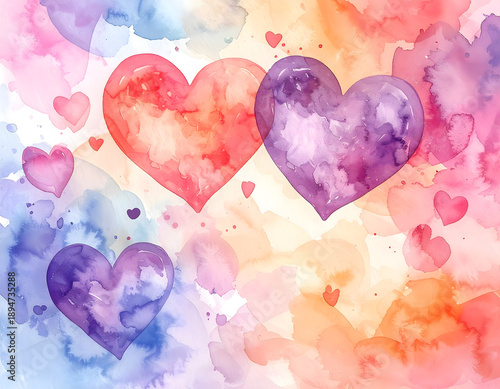 Abstract Watercolor Valentine Hearts Background with Soft Pastel Splashes