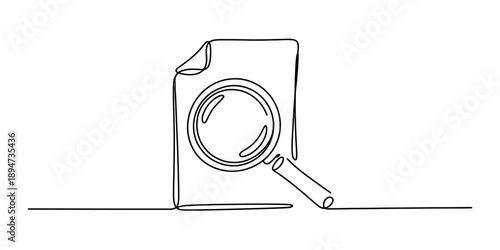 Continuous line drawing of a document and magnifying glass for search concept Vector, illustration