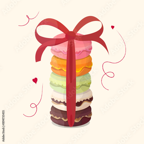 Sweet Macarons Gift Stack with Ribbon Illustration