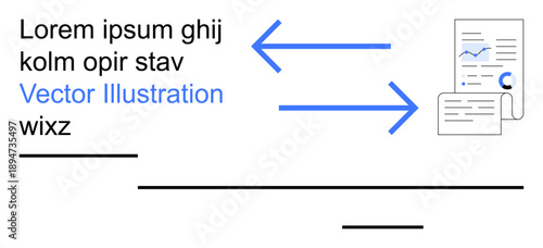 Communication, digital documentation, data analysis, marketing, knowledge transfer, workflow. Arrows linking text to documents with charts. Communication and digital documentation concept