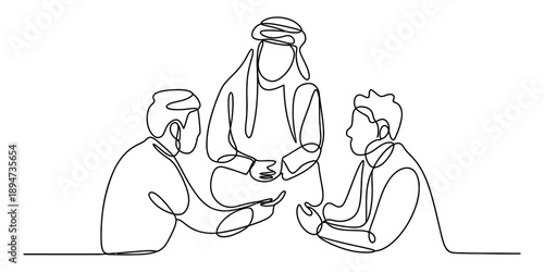 Continuous line drawing of three people having a serious conversation or discussion Vector, illustration