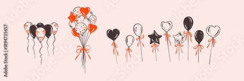 Romantic hand drawn doodle design elements, star, heart, glitter balloon bunch. Pink Valentines Day, girly Birthday party, wedding, bachelorette bridal shower whimsical coquette bow balloon background