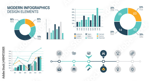 Collection of modern flat design infographic elements featuring various charts graphs and a timeline presentation template layout