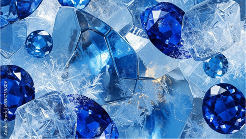 A collection of blue gemstones and ice fragments scattered closely together