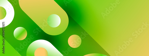 Abstract background features vibrant green, yellow gradients. Overlapping circles create dynamic visual effect. Modern design.