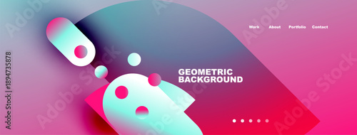 Abstract geometric shapes, vibrant pinks, blues create modern background. Text displays work, about, portfolio, contact details.