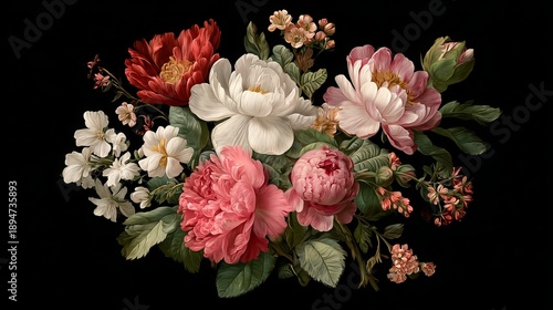Vintage bouquet of flowers in baroque style on black floral background