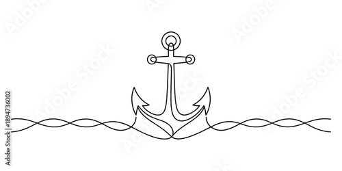 Minimalist continuous line art drawing of a nautical ship anchor over a wavy sea line Vector, illustration