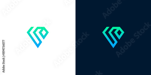 Abstract geometric gemstone icon with gradient colors on white and dark blue backgrounds, minimalist logo design concept