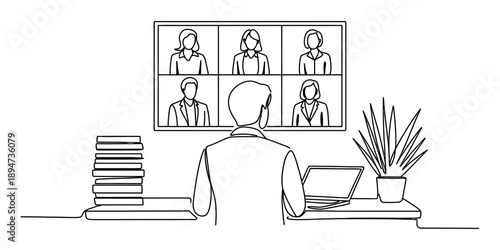 A person participating in a virtual meeting or video conference from a home office, continuous line drawing style Vector, illustration