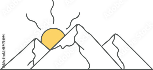 Simple minimalist line art illustration depicts a bright yellow sun rising over three stylized jagged mountain peaks against a pale blue backdrop