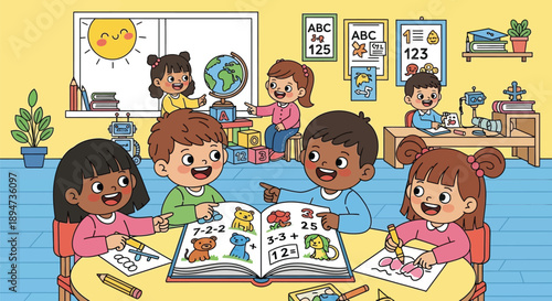 Diverse group of happy young elementary school children actively learning mathematics and engaging in creative drawing activities inside a bright classroom setting