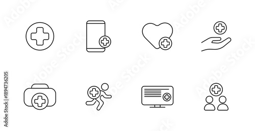 Healthcare set icon. Cross, smartphone, heart, hand, kit, runner, monitor, group, help, care, emergency, aid, rescue, protection, donation, wellness
