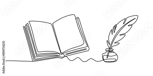 An open book with a quill and inkwell, symbolizing writing and knowledge Vector, illustration